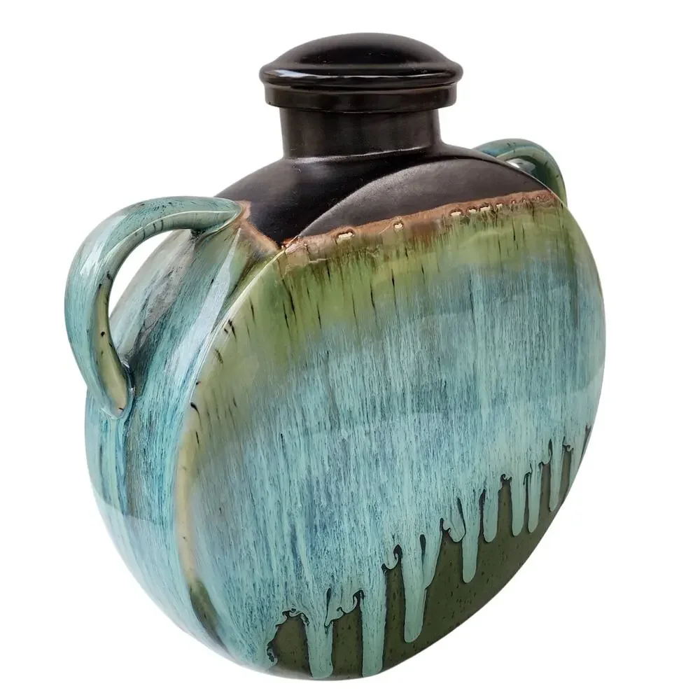 Drip Glaze Pilgrim Flask Vase | Blue Green Sculptural Pottery Decor